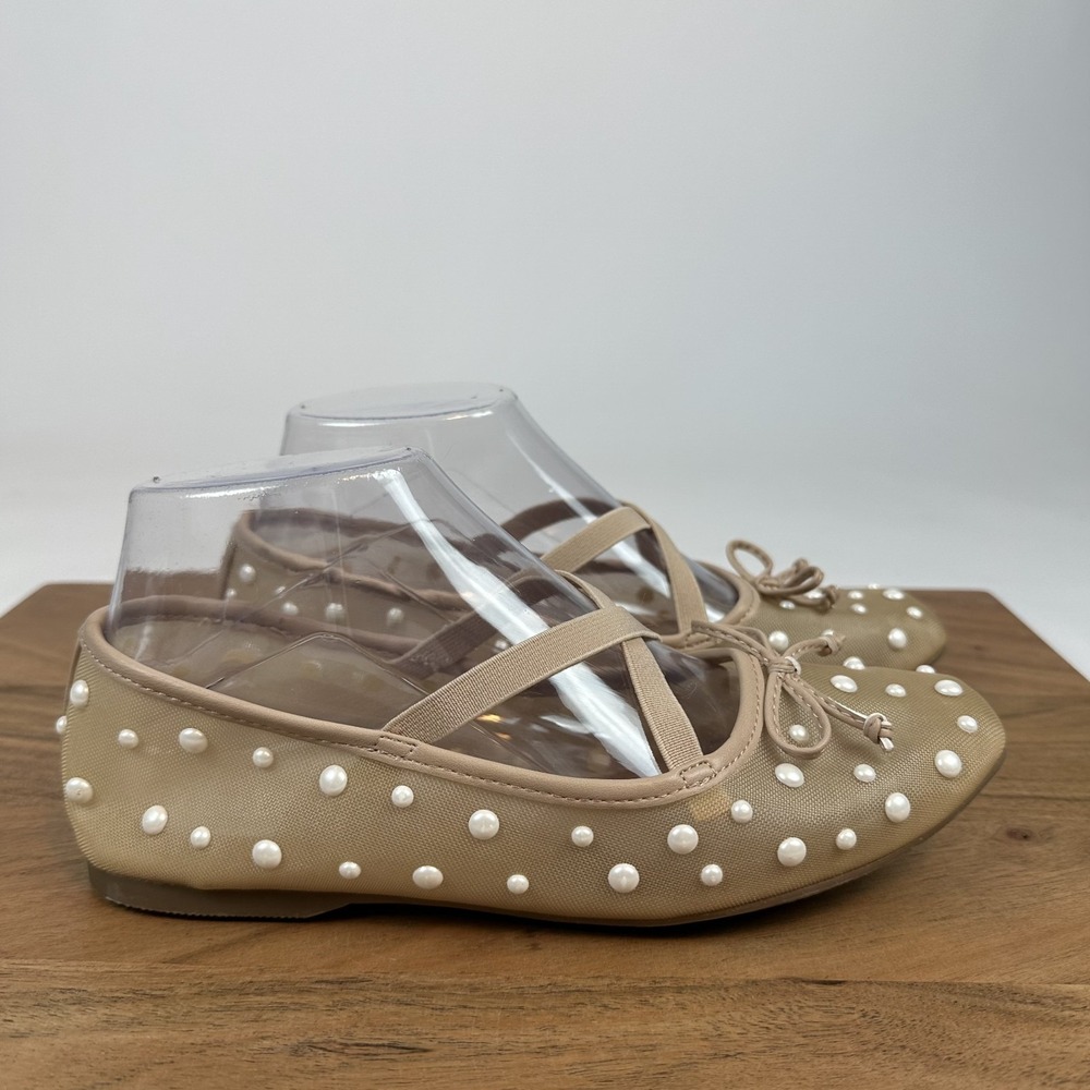 Womens Dolce Vita Maysa Nude Studded Bow Mesh Mary Jane Flats Size 6.5 M GUC